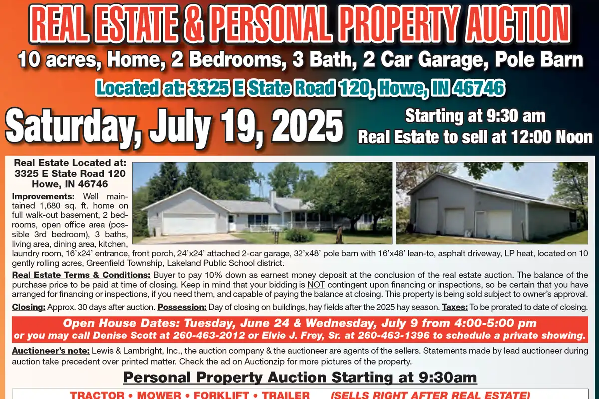 Howe, Indiana real estate & personal property auction, Saturday, July 19th 2025