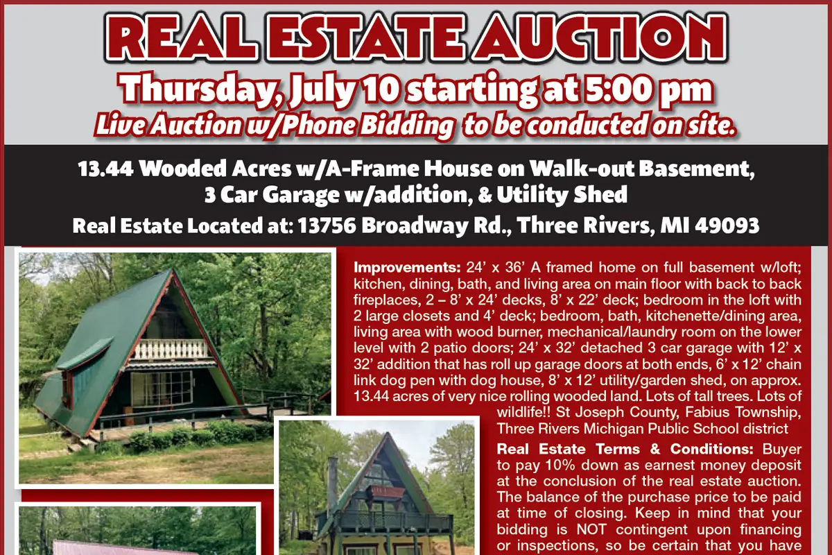 Three Rivers, Michigan Real Estate Auction, Thursday, July 10th