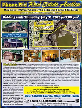 Phone Bid Real Estate Auction: 11.42 Acres in Howe, Indiana. Bidding ends July 31, 2025