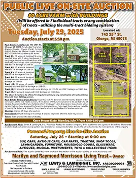 Real Estate Auction, Otsego, Michigan, 80-Acre Farm, Tuesday, July 29, 2025