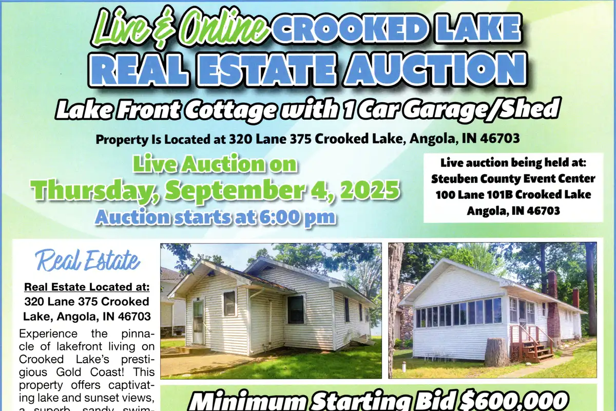 Live & Online Auction: Crooked Lake Real Estate, Lake-Front Cottage in Angola, Indiana