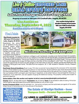 Live & Online Auction: Crooked Lake Real Estate, Lake-Front Cottage in Angola, Indiana