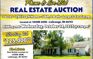 Real Estate Auction in LaGrange, Indiana: 5 Acres, 2,812 sq. ft. home, 3-Bedroom, 2-Bath, Large 3-Car Garage