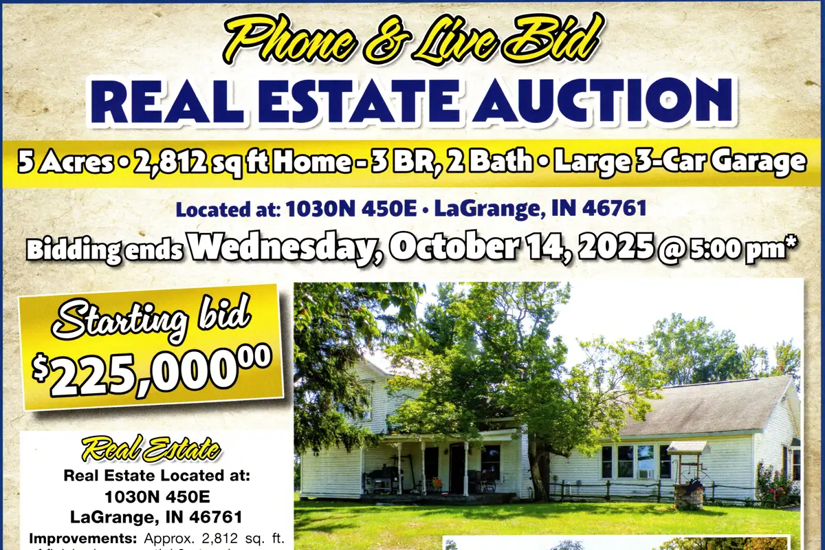 Real Estate Auction in LaGrange, Indiana: 5 Acres, 2,812 sq. ft. home, 3-Bedroom, 2-Bath, Large 3-Car Garage
