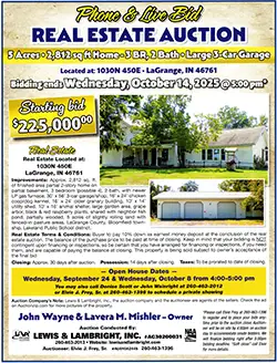 Real Estate Auction in LaGrange, Indiana: 5 Acres, 2,812 sq. ft. home, 3-Bedroom, 2-Bath, Large 3-Car Garage