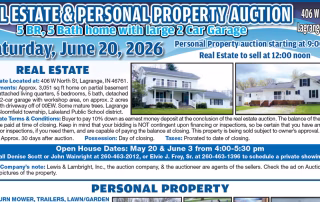 LaGrange, Indiana Real Estate & Personal Property Auction, June 20, 2026