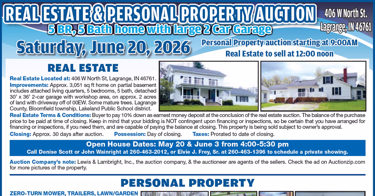LaGrange, Indiana Real Estate & Personal Property Auction, June 20, 2026