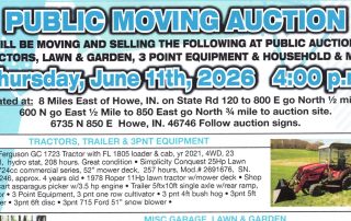 Howe, Indiana Personal Property Moving Auction: Thursday, June 11, 2026