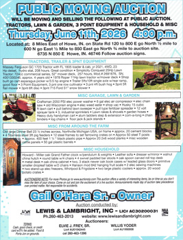 Howe, Indiana Personal Property Moving Auction: Thursday, June 11, 2026