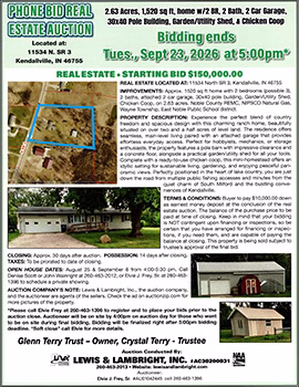 Phone Bid Real Estate Auction: 2.63 Acres, 1,520 sq ft, home w/2 BR, 2 Bath, 2 Car Garage, ends Sept 23, 2026 @ 5:00pm